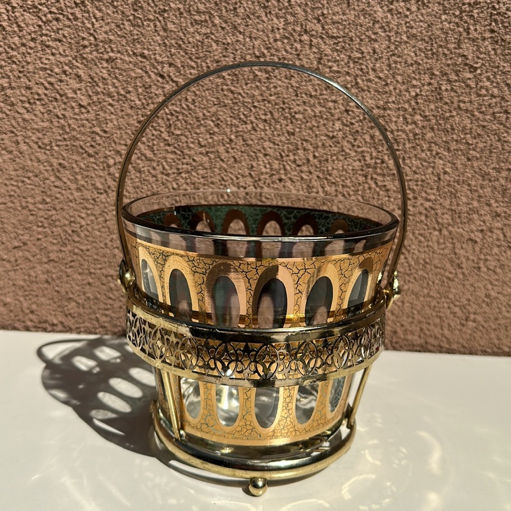 Culver Pisa Ice Bucket w/ Stand Vintage MCM 24K Gold Green Glass Barware